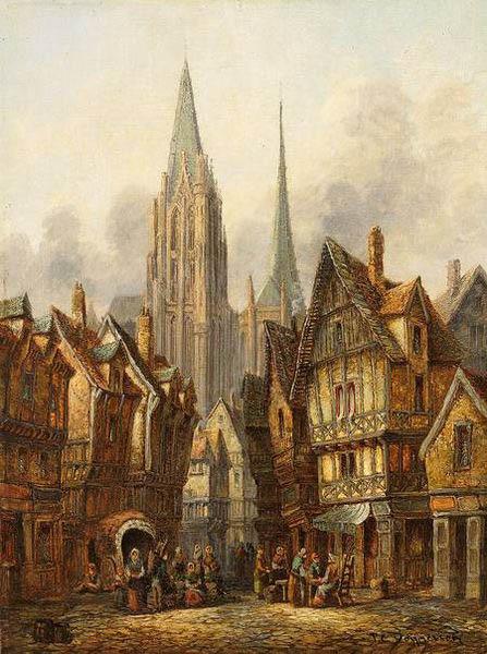 Pieter Cornelis Dommersen A gothic cathedral in a medieval city Germany oil painting art